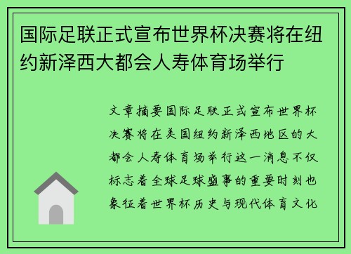 国际足联正式宣布世界杯决赛将在纽约新泽西大都会人寿体育场举行 国际足联正式宣布世界杯决赛将在纽约新泽西大都会人寿体育场举行